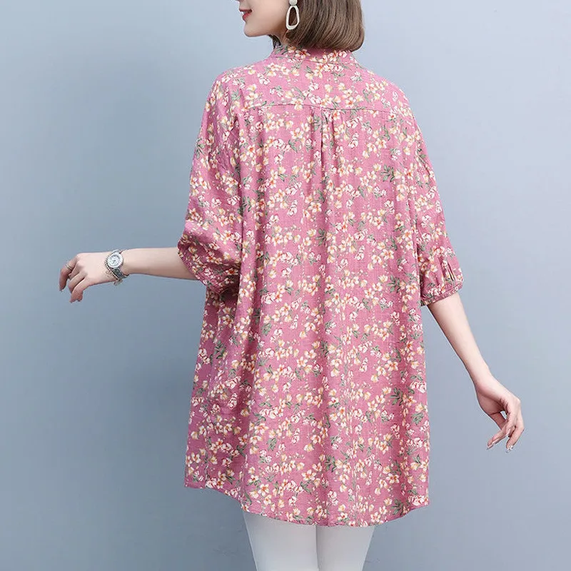 Summer Fashion Vintage Floral Print Oversized Cotton Linen Long Top Blouse Women Casual Half Sleeve Shirts Blusas Mujer Clothing