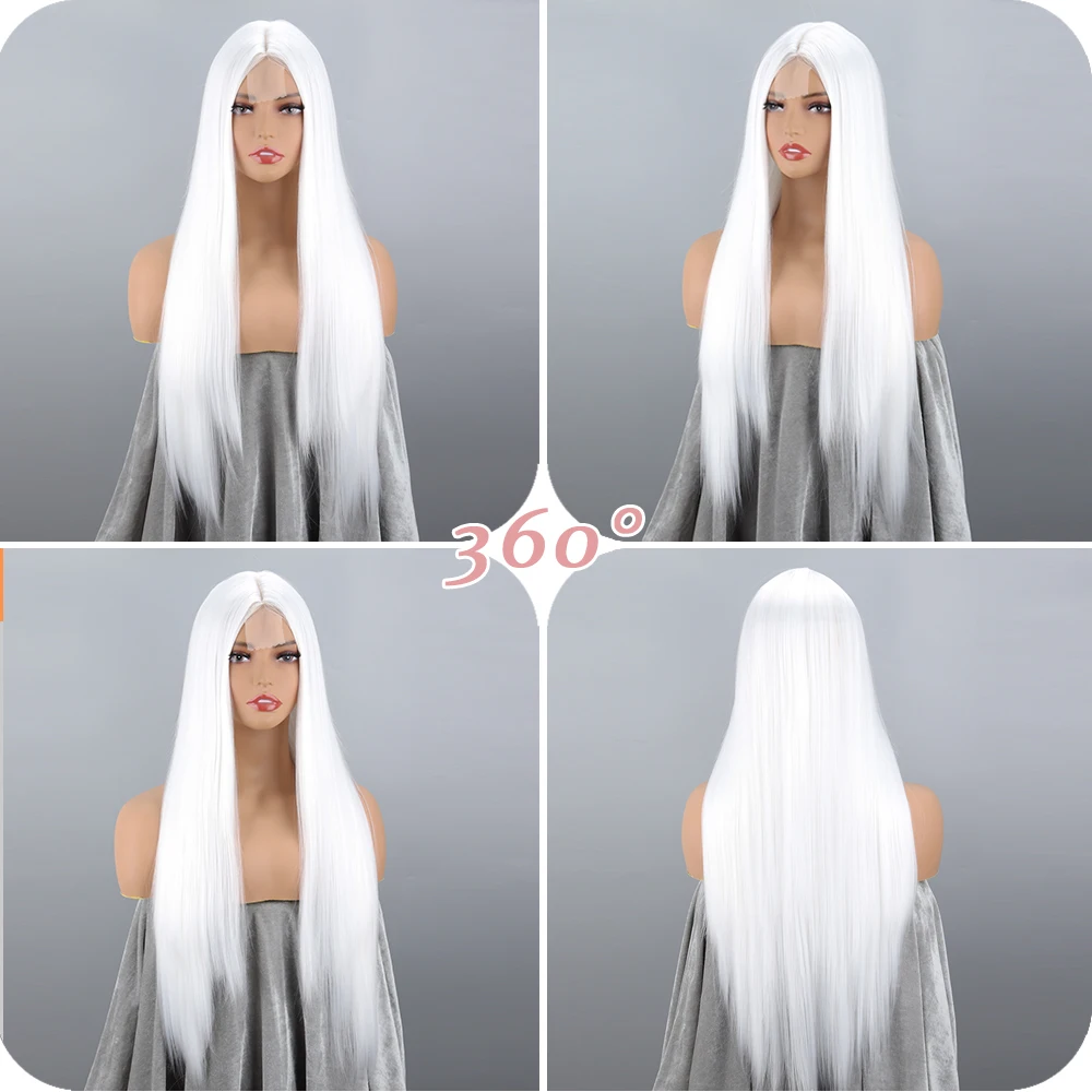 White Long Straight  Front Synthetic Wig Without Bangs For Women Hair Fibers Are Heat Resistant Cosplay Daily Wear