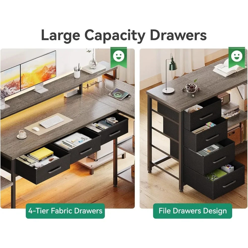 مكتب على شكل حرف L مقاس 79 بوصة، مكتب كمبيوتر على شكل حرف L مع مخرجين طاقة ورف شاشة، مكتب منزلي مع أرفف تخزين