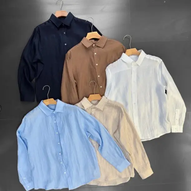

Высококачественная мужская рубашка из чистого льна с длинным рукавом, свободного кроя, класса люкс, простая базовая модель, дышащая, комфортная, лето 2025