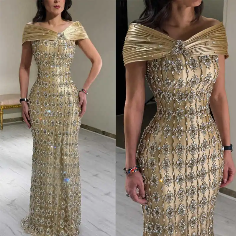 

Sexy Evening Dresses Off-Shoulder Sleeveless Glitter Crystal Formal Occasion Party Gowns Customized Vestido De Novia