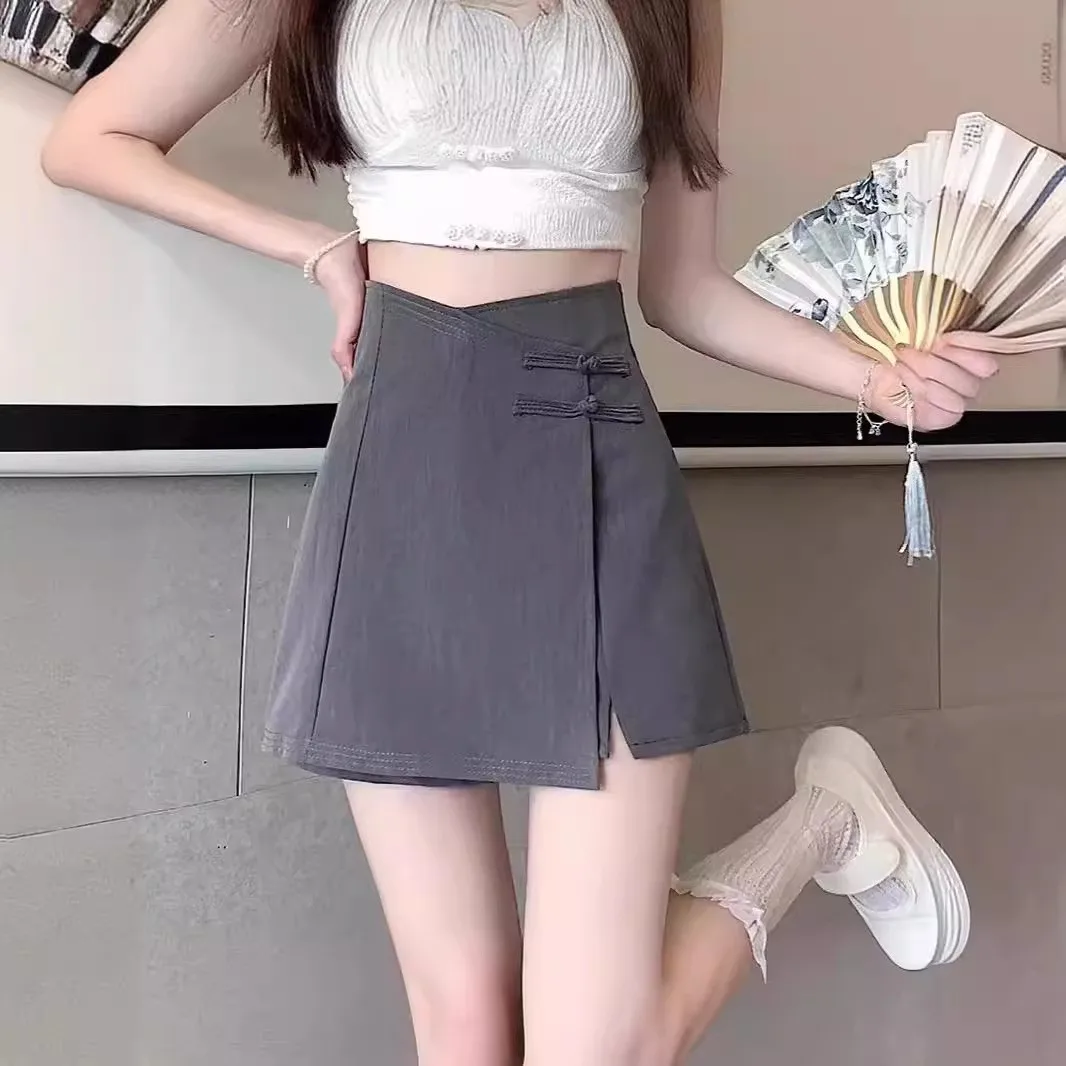 

Винтажная китайская юбка с высокой талией, брюки с асимметричным подолом, женская летняя юбка с разрезом, полиэфирное волокно, повседневная деловая юбка