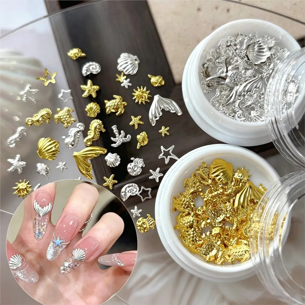 1box Gold Silver Jellyfish/Starfish/Seahorse/Turtle Nail Studs 3D Alloy Meral Ocean Nail Rivets Charms Marine Theme Nail Supplie