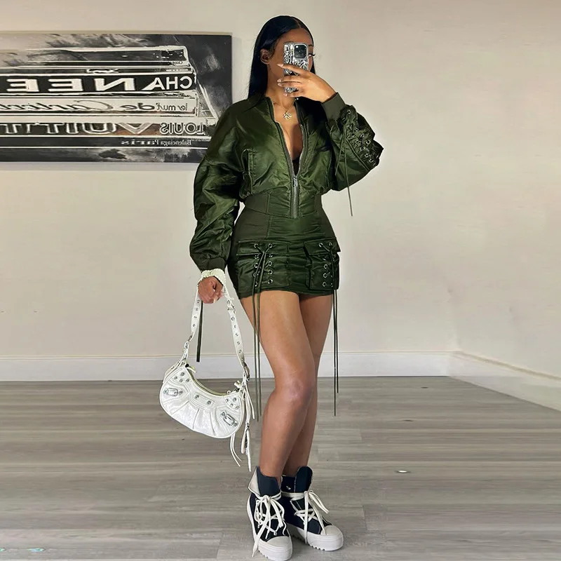 American street functional style binding solid color cargo streamer baseball jacket jacket low Fanny pack hip skirt fashion suit