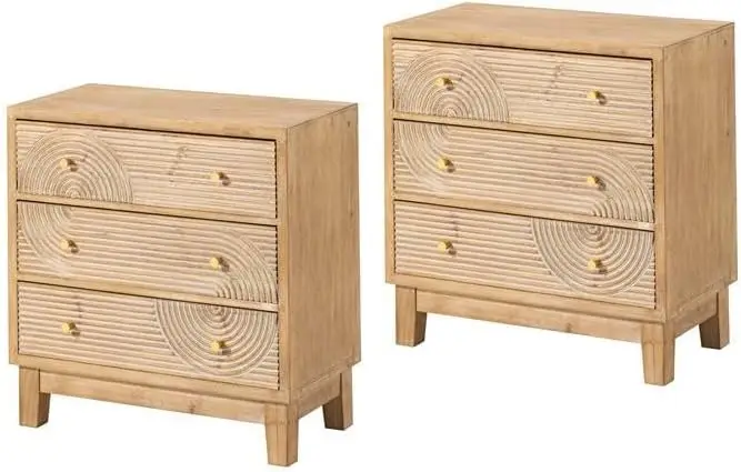 3-Drawer Farmhouse Dresser with Handicraft Wood Ring Motif, Set of 2 Fully Assembled Nightstand Wooden Finish for Boho, Mid-Cent