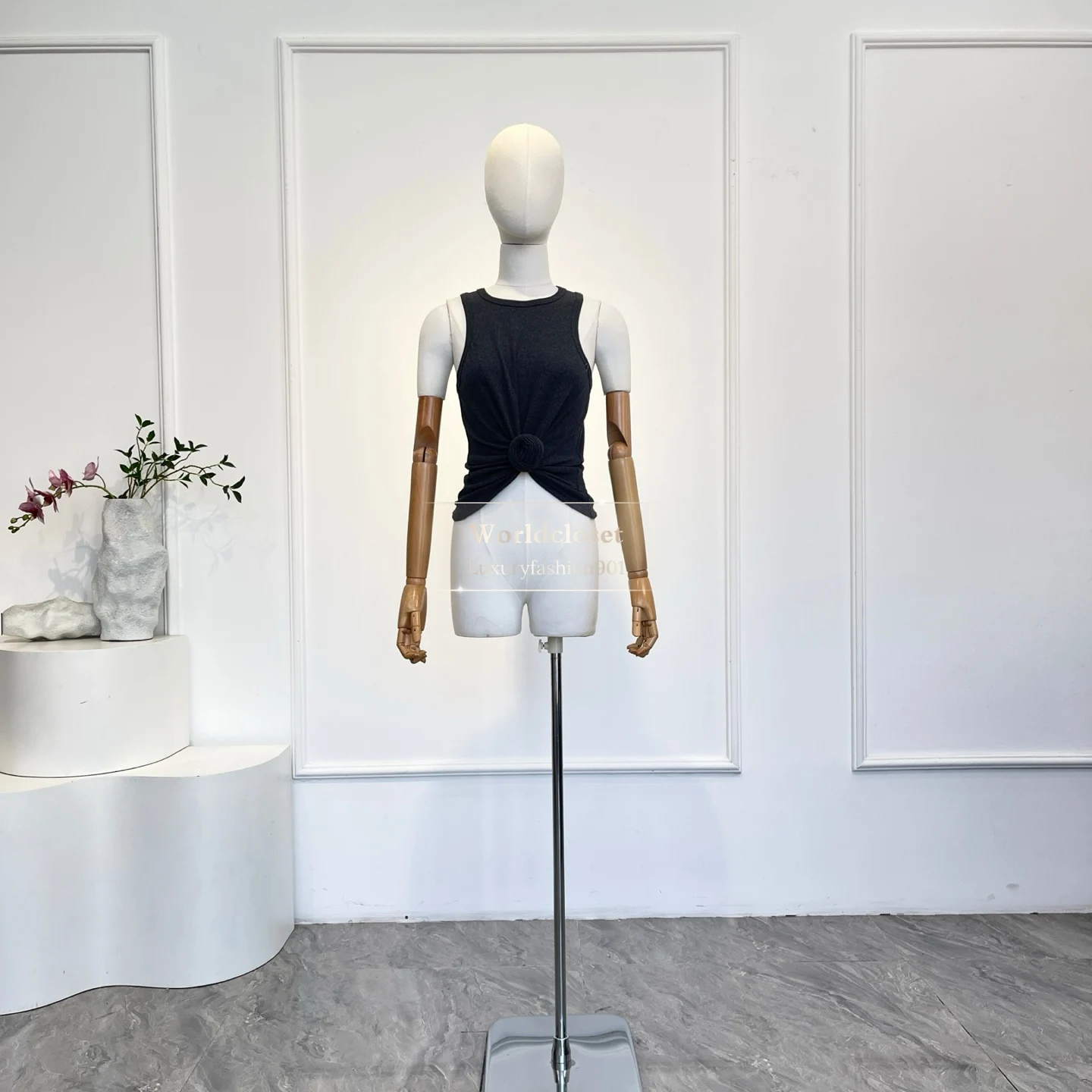 

Dark Grey Twist Knot Ribbed Knit Sleeveless Racerback Casual Summer Tank Top