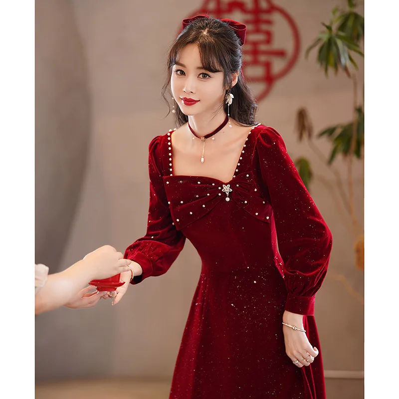 Burgund Braut Hochzeit Kleid Sexy Velour A-linie Promi Bankett Kleid Chinesischen Stil Frauen Qipao Cheongsam Robe De Soiree