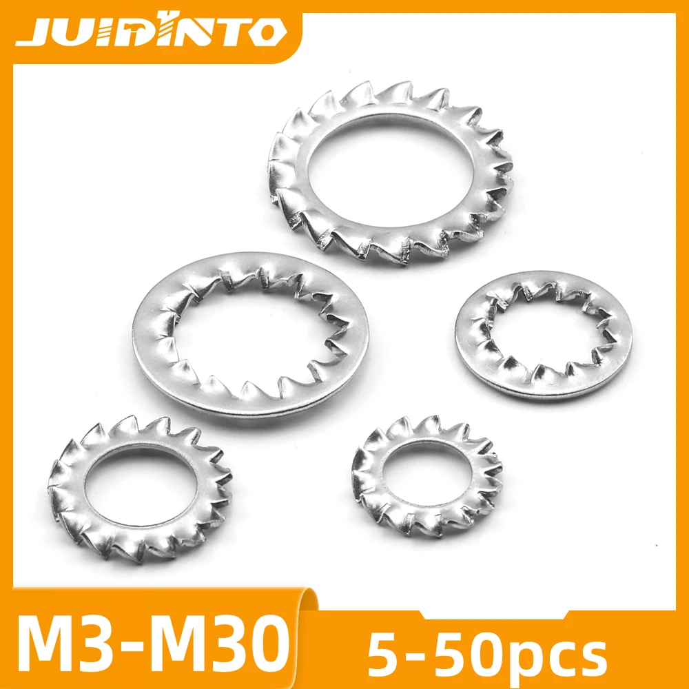 JUIDINTO 5-50 Uds arandelas de bloqueo de dientes externos internos arandela de bloqueo dentada de Metal de M3-M30 de acero inoxidable