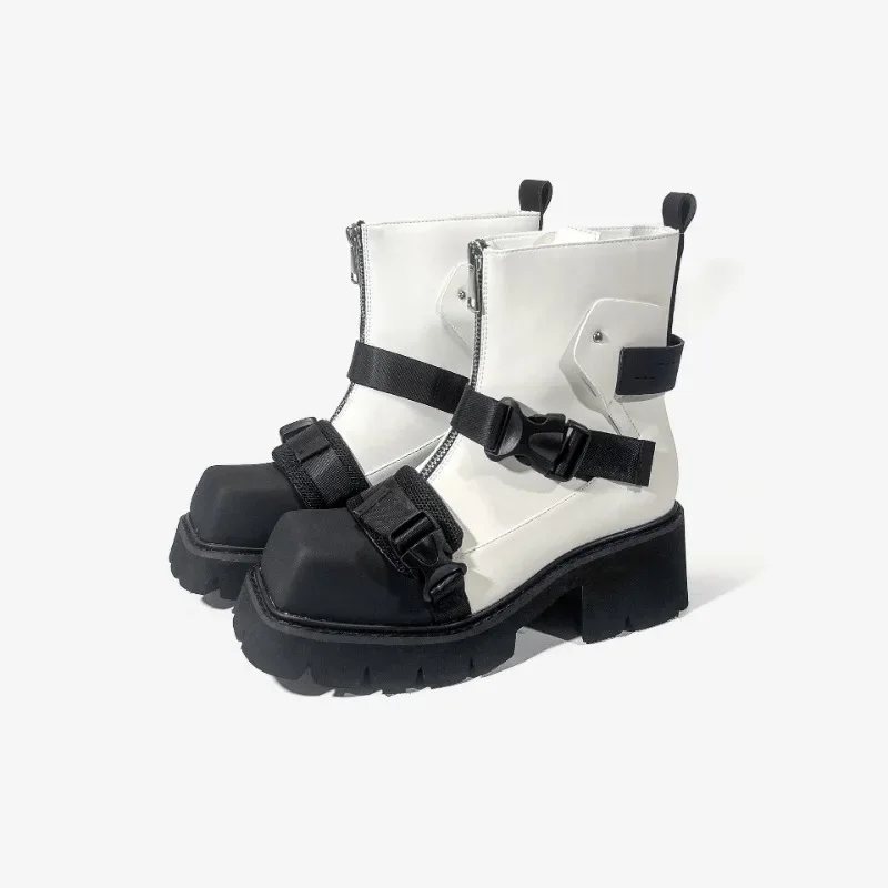 2025 النمط الأوروبي ساحة تو كعب سميك دراجة نارية أحذية النساء الجلود الجبهة زيبر حزام قصير مشبك موضة تشيلسي الأحذية #6