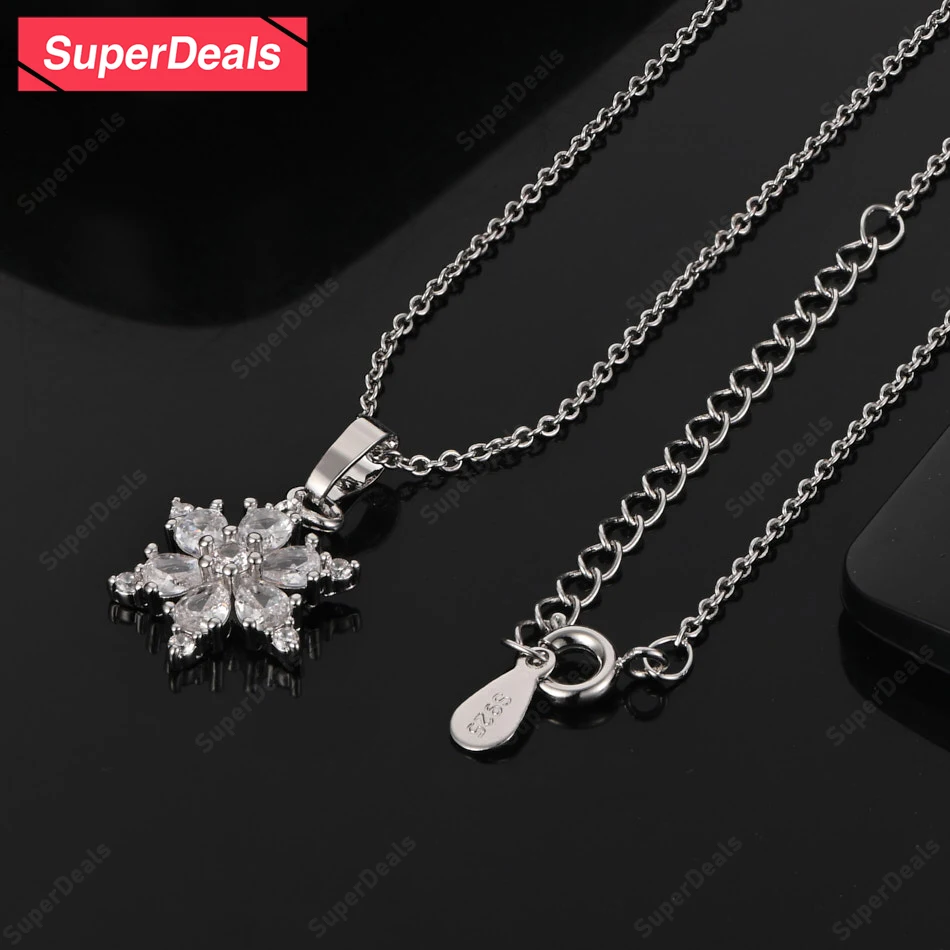 

SuperDeals 925 Sterling Silver Snowflake Zircon Pendant Necklace Lady Classic Luxury Jewelry Charm Wedding Party Gift For Women