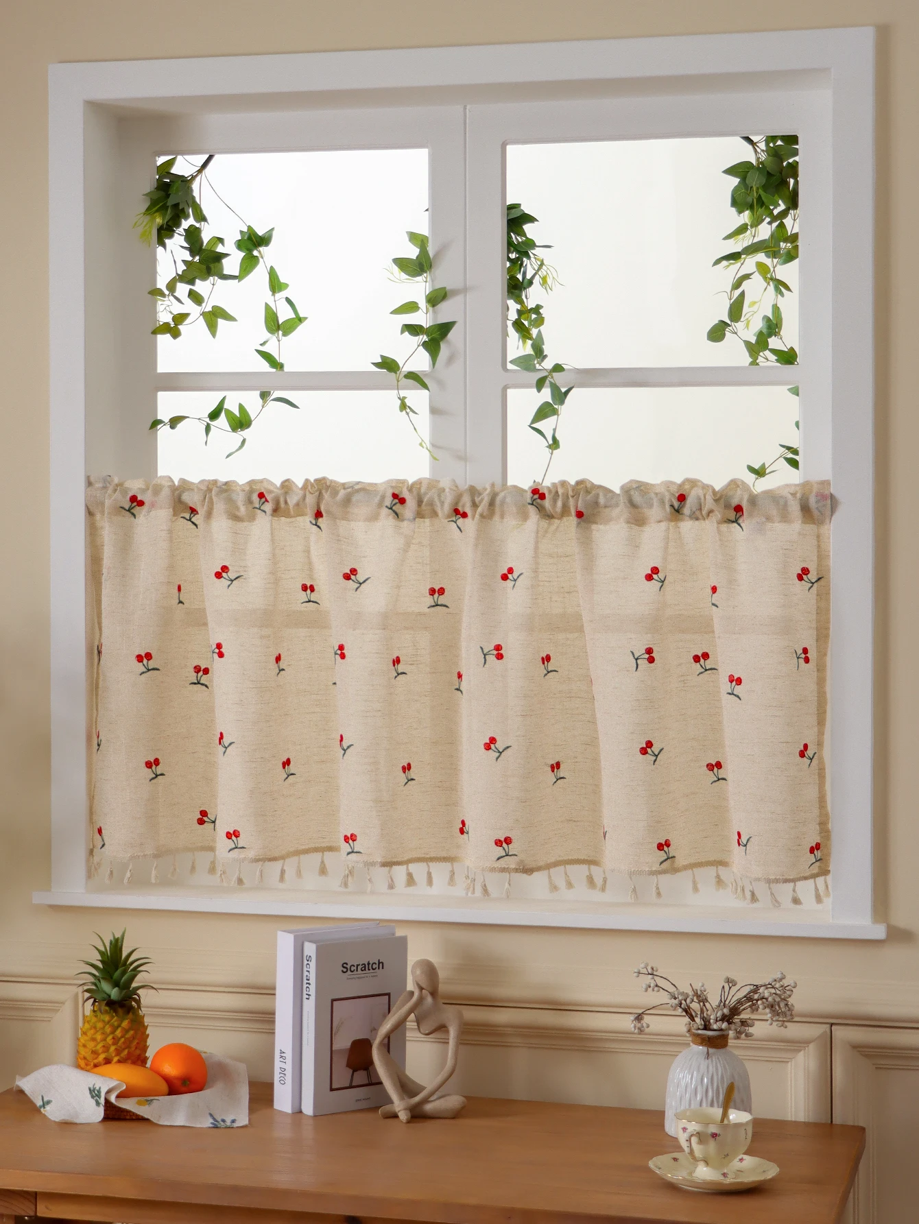 Linen Embroidery Cherry Plus Spike Small Curtains Bedroom Blockout Curtains Floating Curtains Kitchen Cabinet Partitions