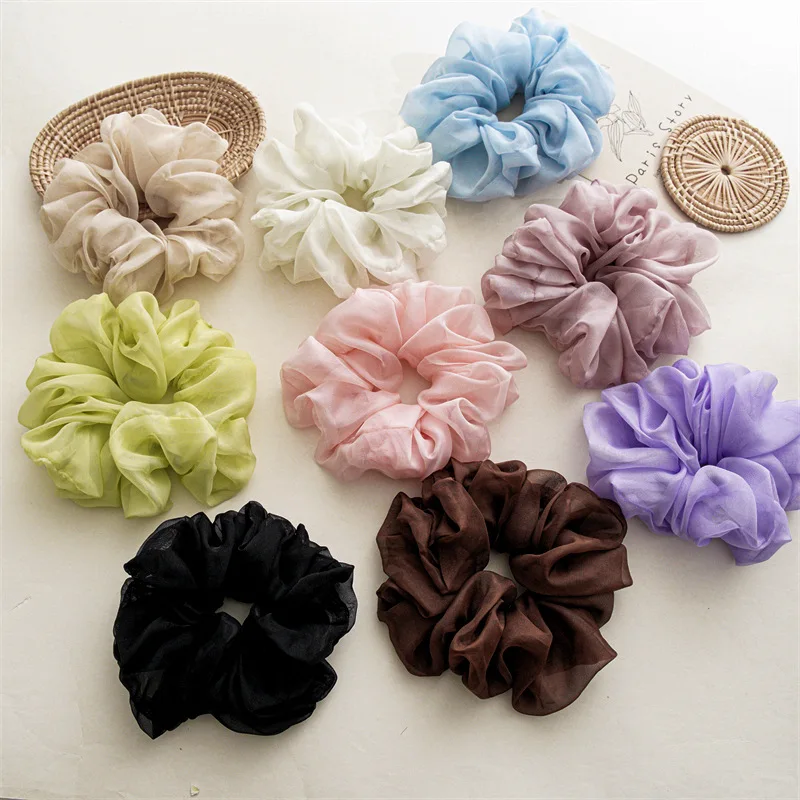 

Ins Hot Selling Fashion Pure Color Chiffon Large Intestine Scrunchies High Quality Fabric Elastic Hair Scrunchie For Women Girls