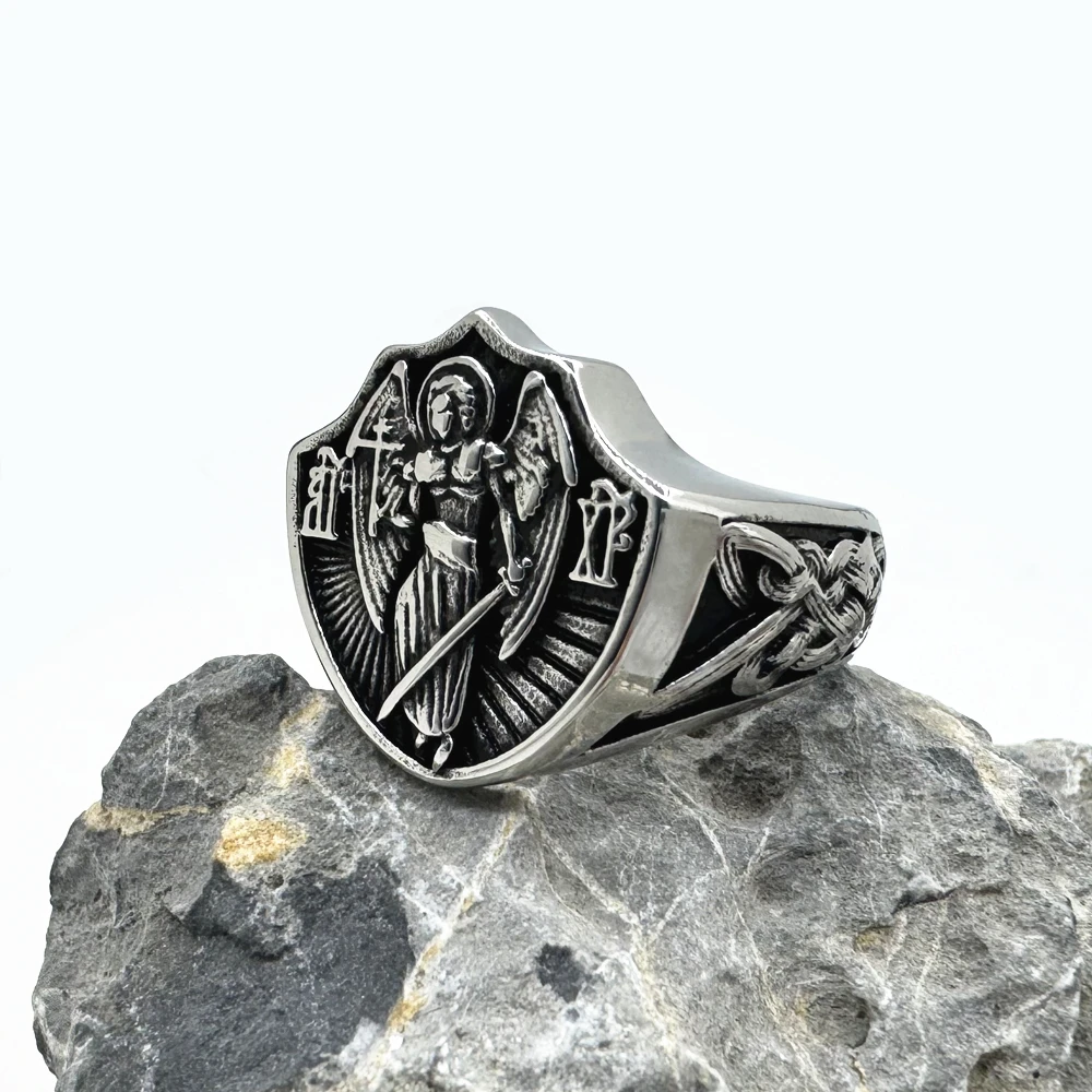 St. Michael Solid Ring For Man 316L Stainless Steel Jewelry Angel Ring Size 7-13