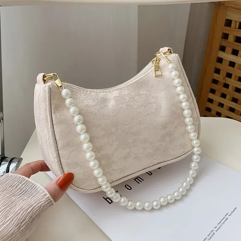 

Simple pleated armpit bag retro pearl chain shoulder messenger bag fashion baguette bag