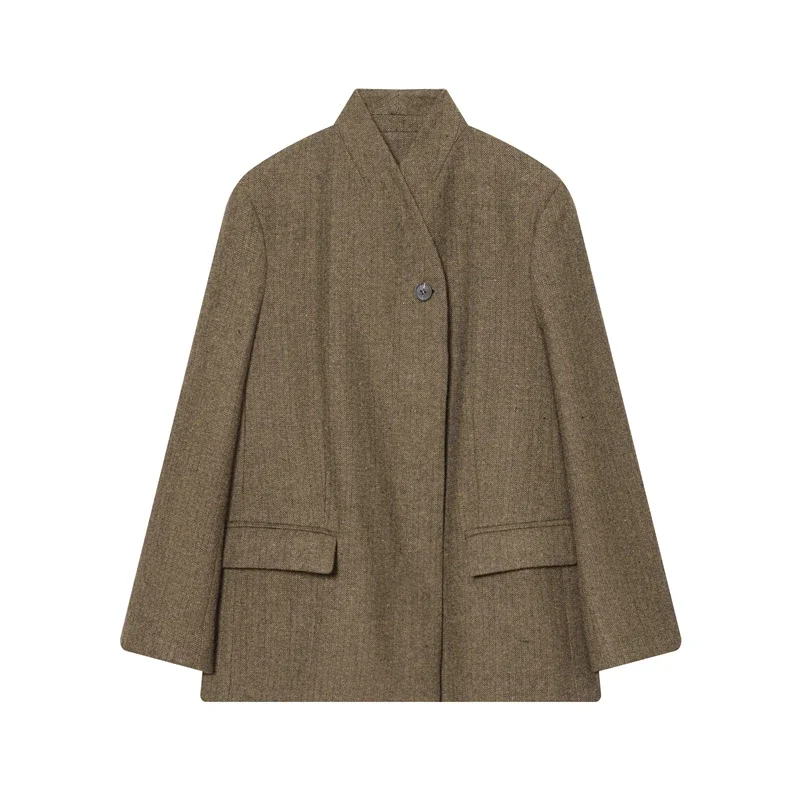 

Women's Asymmetric Collar Single Button Jacket, Elegant Vintage-Inspired Outerwear Brown Herringbone Wool Blend Coat