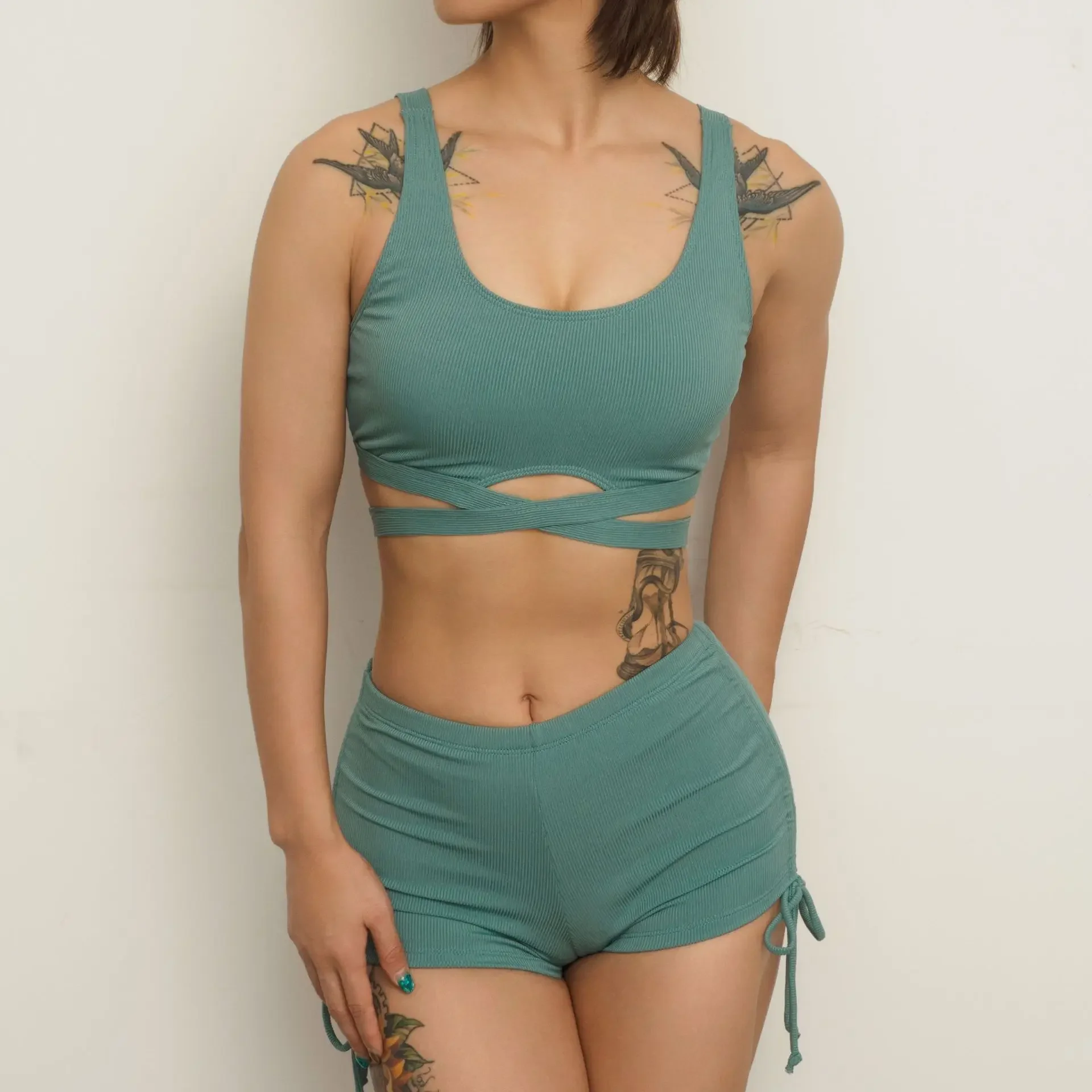 2025 New 2 Piece Swimsuit for Women High Waist Solid Color Cross Hollow Out Bikini Set Beach Vacation Backless Bathing Suit