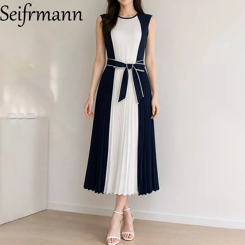 Seifrmann Contrast color pleated dress round neck sleeveless lace-up waist long holiday dress 2026 summer women's new style
