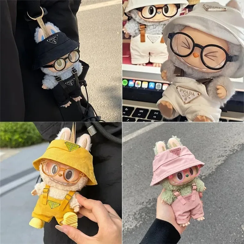 15 17cm For Labubu Doll Fashion Overalls Pnnts Outifit Clothes Luxury Inverted Triangel Fisherman Hat Glasses Shoes Set Clothing