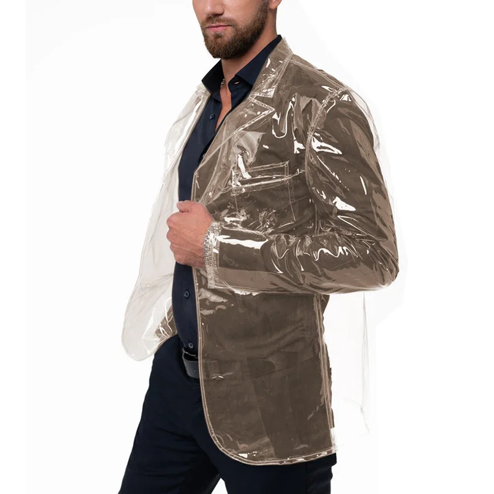 Men's Solid Color Clear Plastic Lapel Neck Suits Jackets Male Chic Punk Transparent PVC Jacket Coat Casual Entertainment Custom