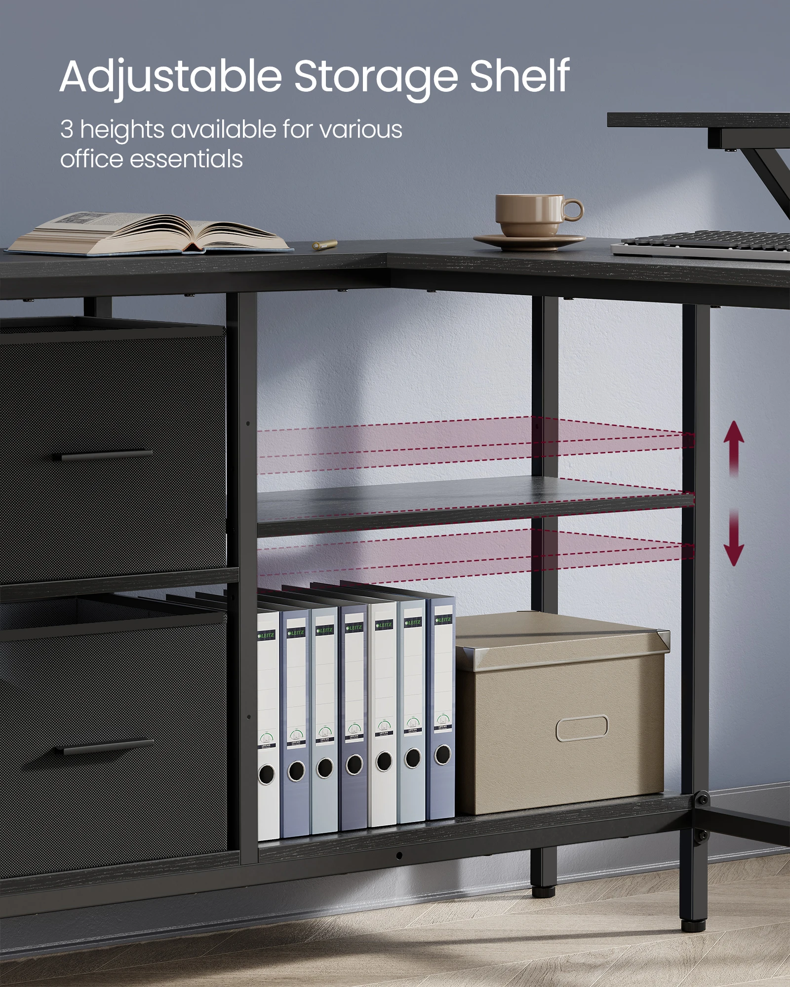 مكتب VASAGLE على شكل حرف L مع درجين واسعين، مكتب ألعاب، مكتب زاوية، مكتب كمبيوتر مع رف تخزين قابل للتعديل #4