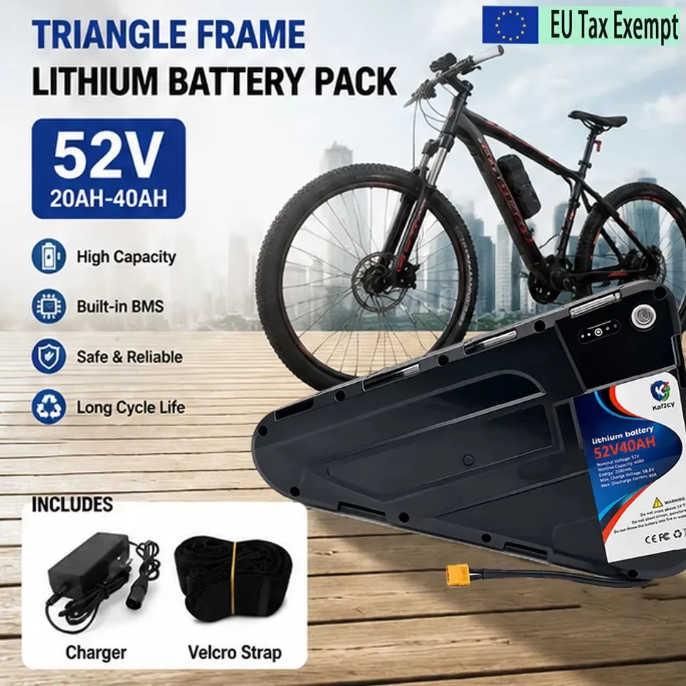 Batterie triangulaire pour vélo électrique urbain, 52V 20AH-40AH, batterie lithium-ion de grande capacité, moteur 350W-1000W, avec BMS intelligent + chargeur