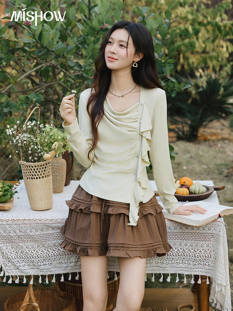 MISHOW Women's Draped Neck Long Sleeve Tees Spring Ruffle Trim Asymmetric Button Top Slim Light Green Knitted Top MXF13Z2999