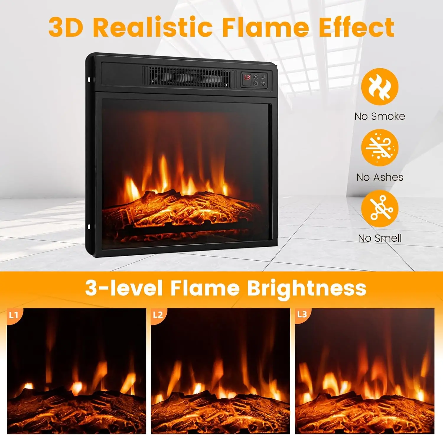 32" Electric Fireplace with Mantel, 1400W Freestanding Heater with Remote Control & Adjustable Brightness, Multifunctio