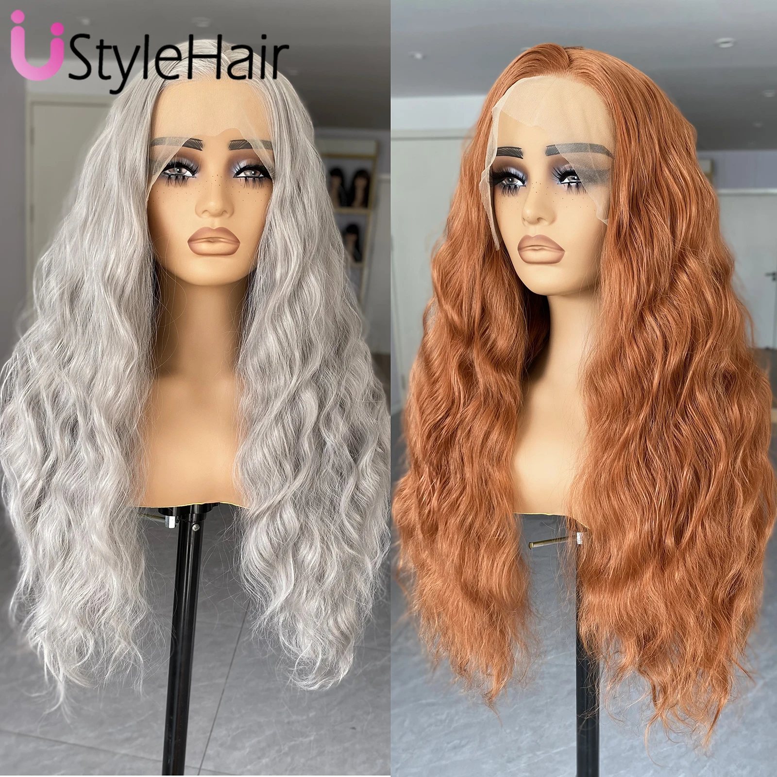 

Серебристо-серый парик с глубокими волнами 13x4, синтетические волосы спереди, рыжий оранжевый парик шнурка, термостойкие натуральные волосы, парики для повседневного ношения