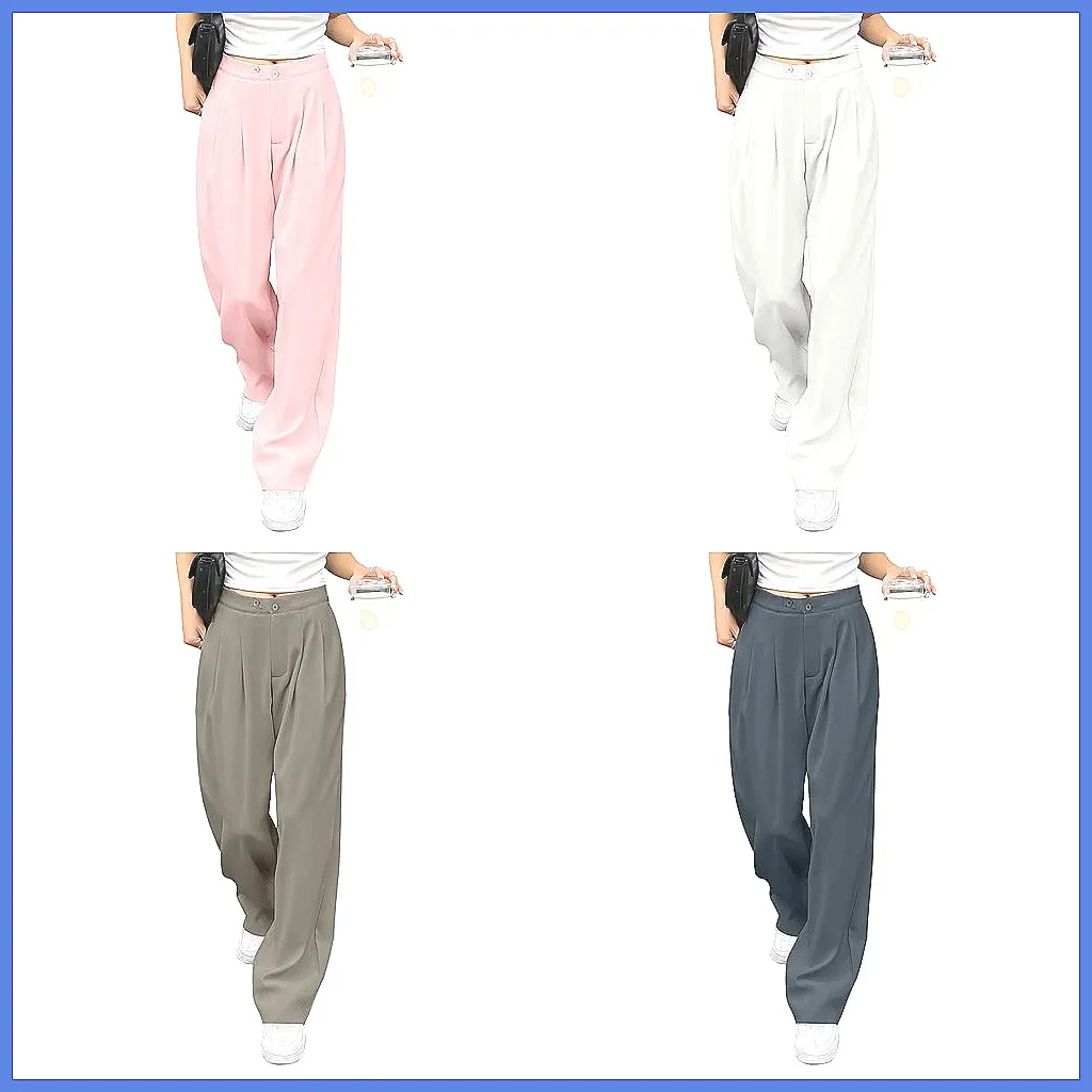 

Women's High Waist Wide Leg Trousers, Classic Double-Button Office Pants with Pockets, Straight & Stacked Fit in White & Pink