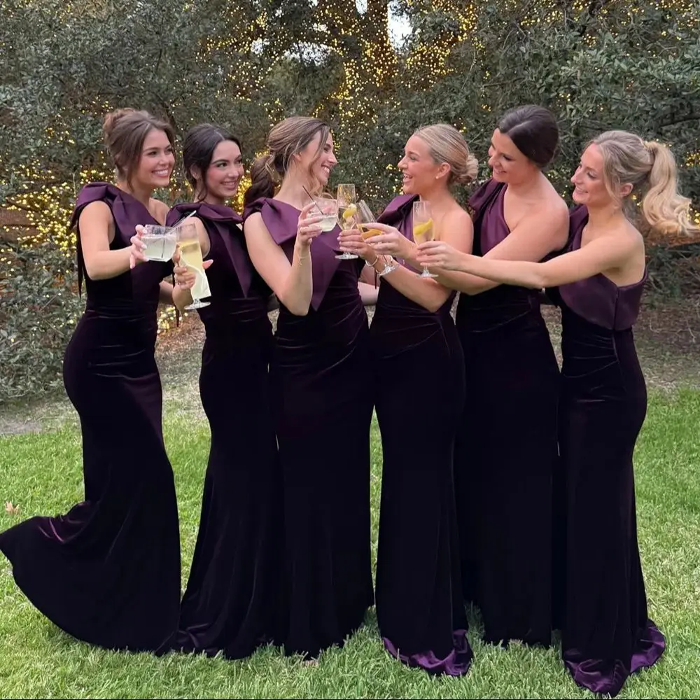 

Velvet Plain Bridesmaid Dresses With Satin Bow Women's Simple One-Shoulder Sleeveless Long Cocktail Gowns Elegant Evening Dress