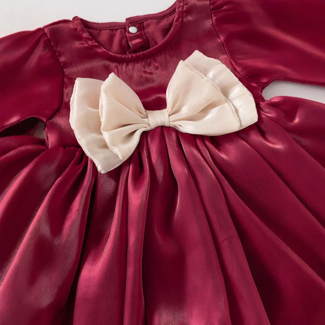 Girls Children's Clothing Dress Spring and Autumn Big Bow Mesh Silk Long Sleeved Sweet Princess Skirt