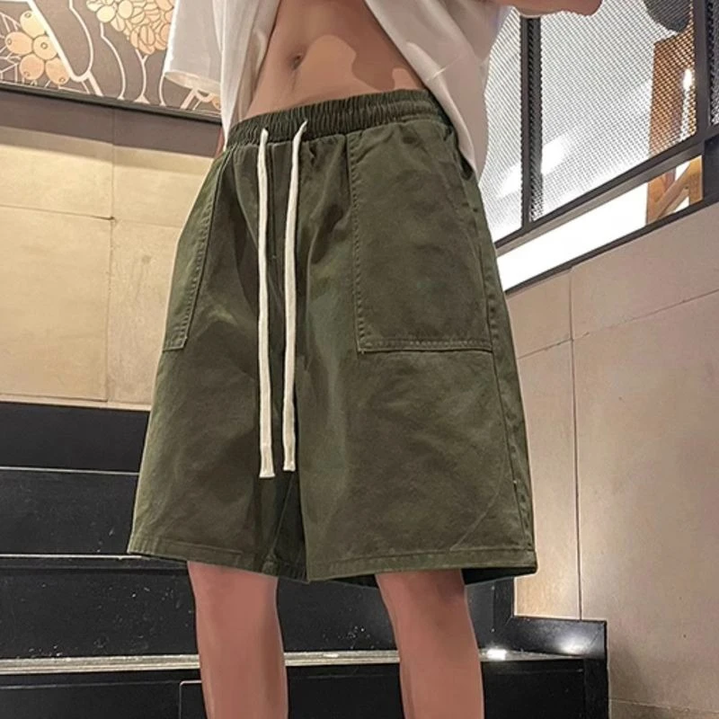 

2026 Summer Men Drawstring Shorts Solid Color Wide Leg Pants Casual Streetwear Loose Fit Straight Trousers for Teen Boys