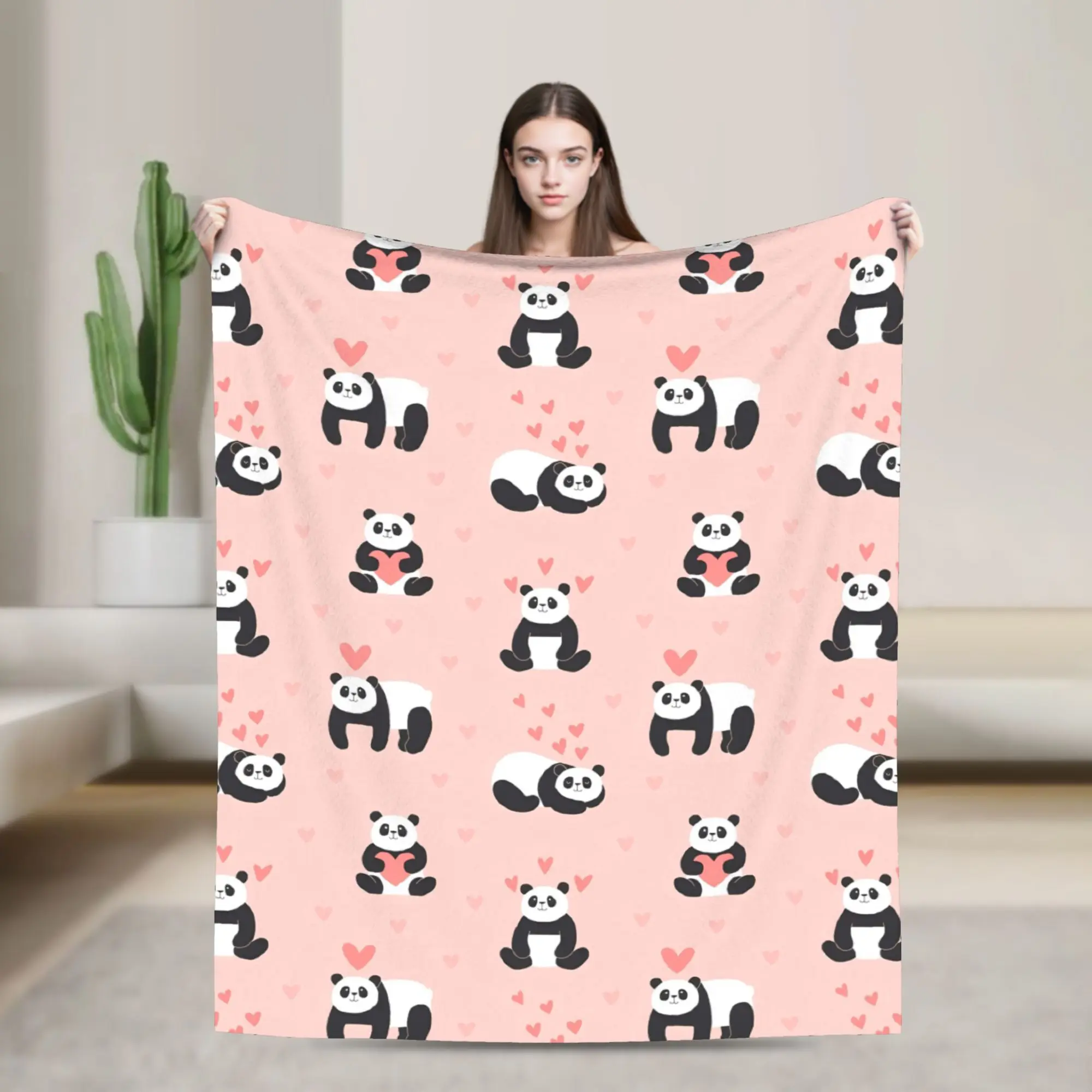 Panda Love Animal Fleece Throw Blankets Valentine's Day Blankets for Bed Office Super Soft Bedspread