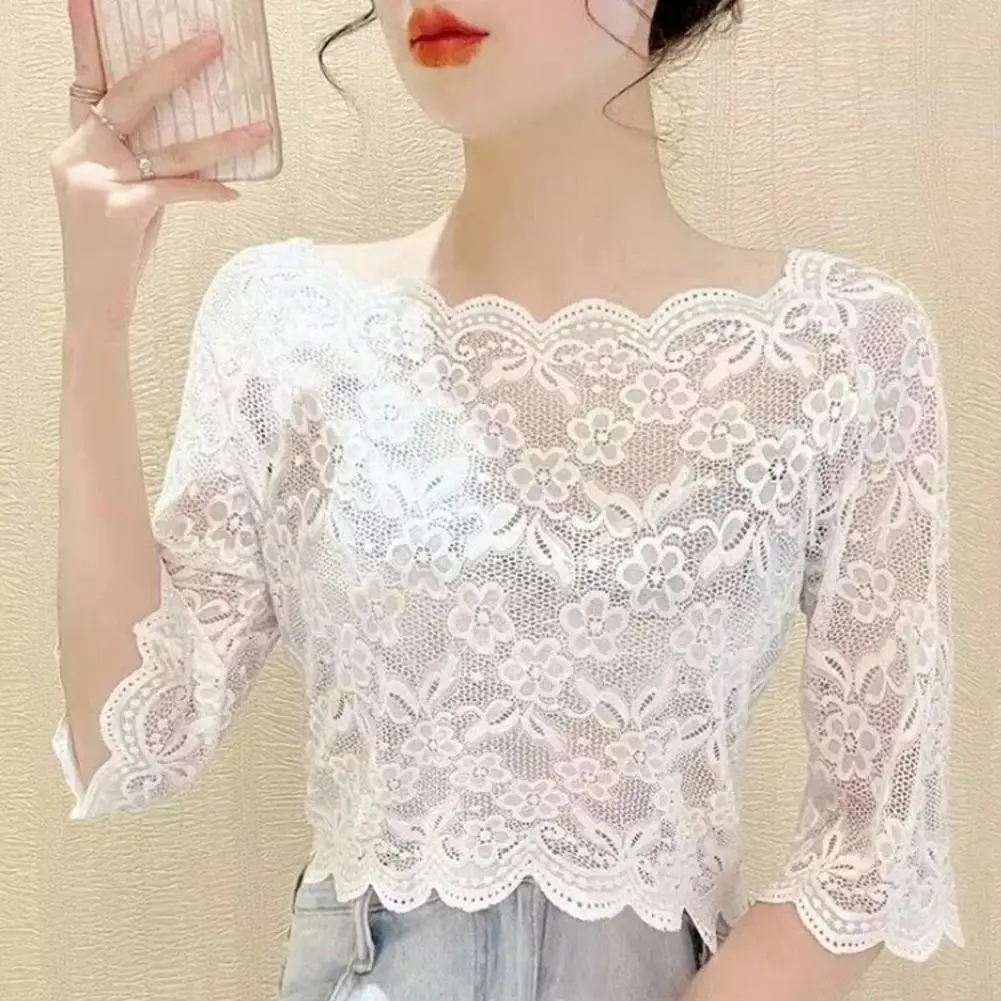 Women Summer Cropped Tops Half Sleeve Blouse See-through Embroidery Summer Floral Lace Blouse Black White Long Sleeve Top