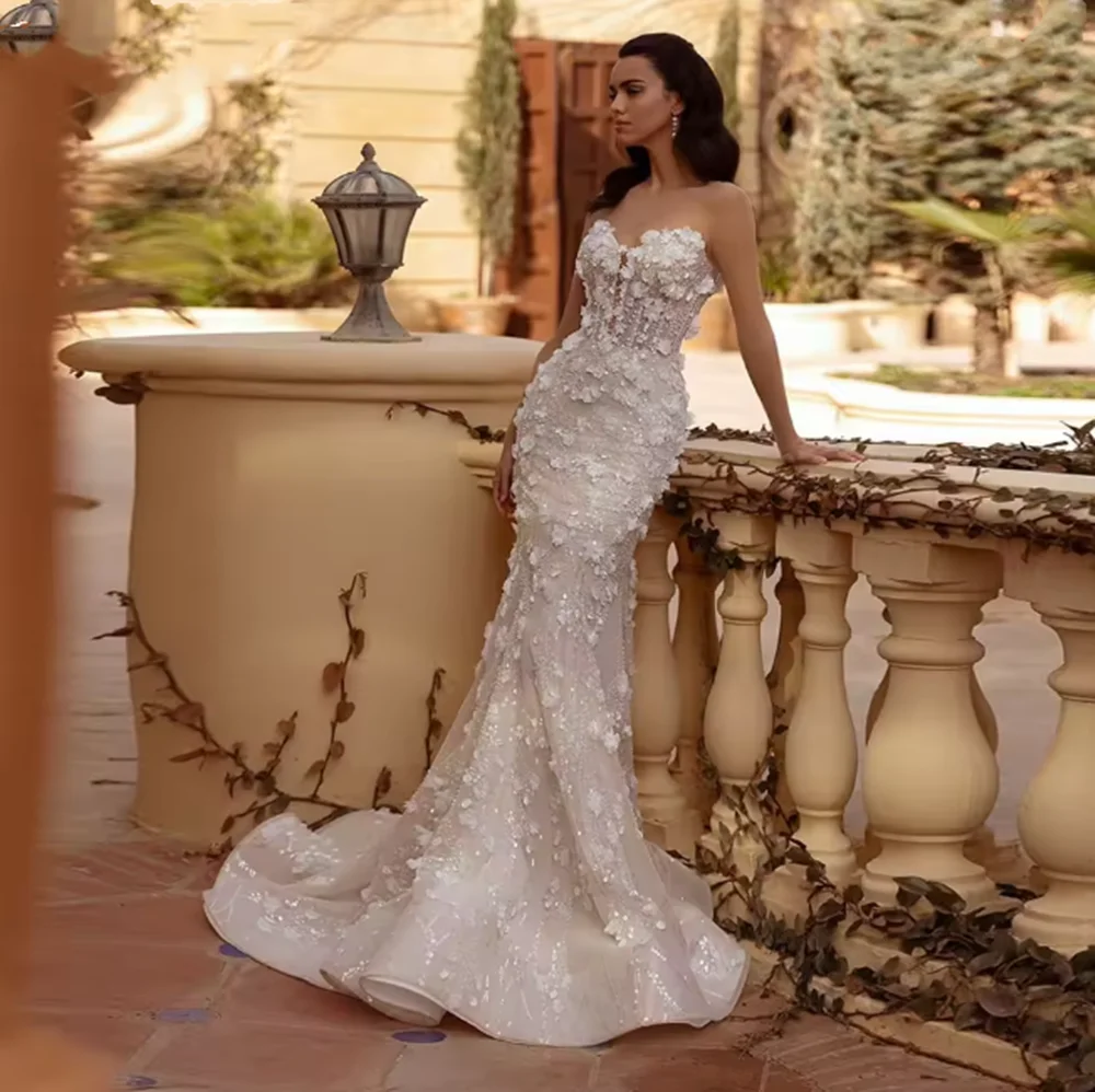 

Кружевное тюлевое свадебное платье без бретелек Русалка с аппликациями из бисера Милое платье для выпускного вечера Изысканные свадебные платья по индивидуальному заказу