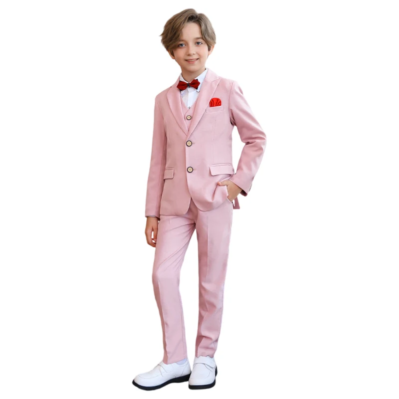 

Child Formal Pink Suit Set Autumn Boys Wedding Event Host Performance Birthday Party Photography Costume Kids Blazer Vest Pants