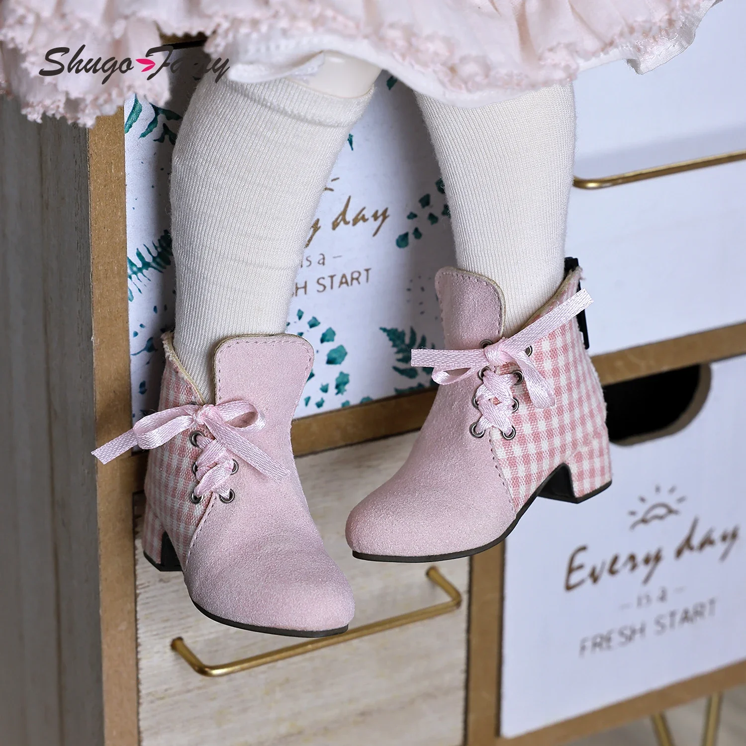 Bjd Doll Shoes 1/4 Fits Luts Body Suede Check Patchwork Chelsea Shoes for High-heeled WX4-141 Bjd Doll Accessories Shugafairy