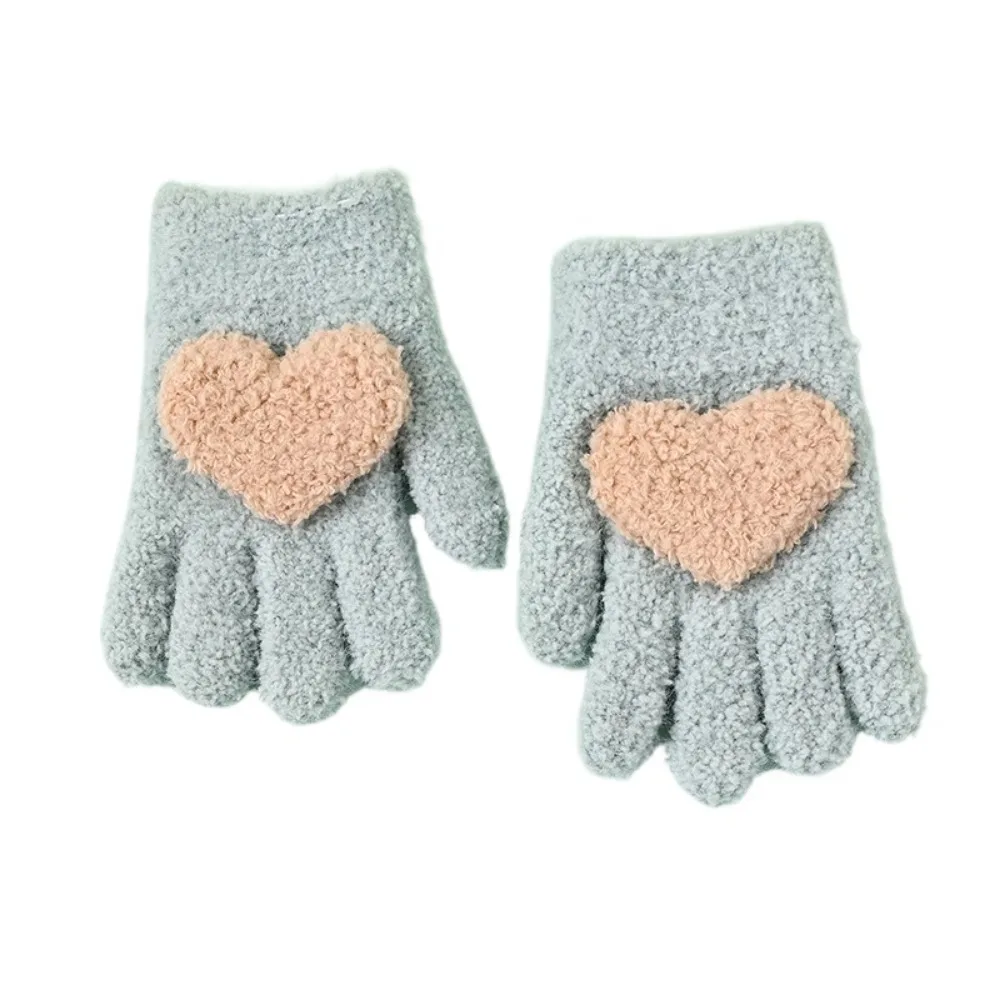 

2Pairs Cute Children's Warm Gloves Soft Heart Shaped Five Finger Gloves Keep Warm Windproof Baby Knitted Mittens Cycling
