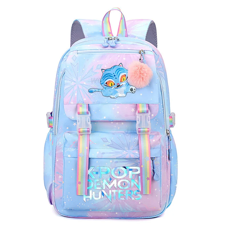 

New Kpop Demons Hunters Backpack Sweet Fresh Rainbow Demon Slayer Cat Print Cartoon Anime Double Shoulder Bag For Student Gifts