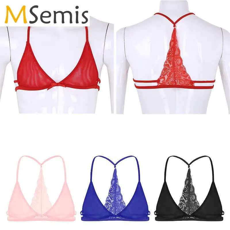 Men Women Sissy Y-Back Bra Tops Lace Bow Unlined Triangle Bra Top Bralette Underwear Rave Lingerie Crossdress Costume