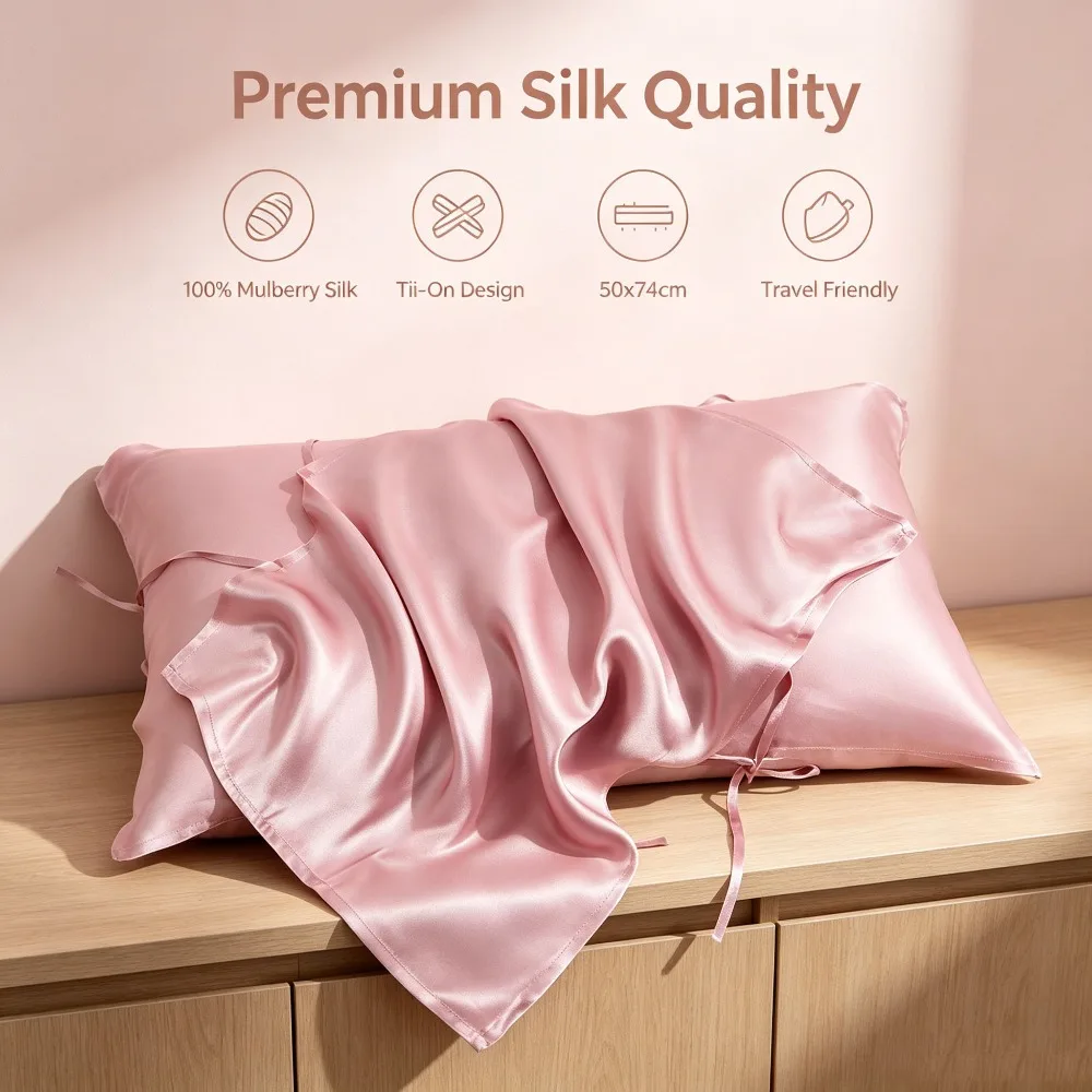 100% Mulberry Silk Pillow Towel 2 Pack Tie-On Design Silk Pillow Cover 50x75cm Travel Friendly for Hair Skin Home & Hotel