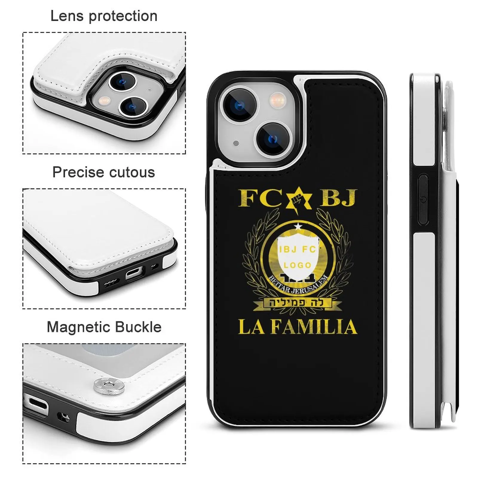 Israel Beitar Jerusalem Lederen Portemonnee Case Voor Iphone 14 Draadloos Opladen Stand Snap Case