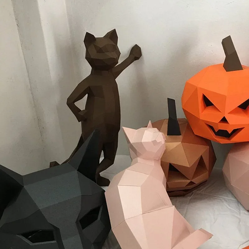 3D Standing Cat Paper Craft Cool Kitten Models Sculpture Home Desktop Decorations Animals Ornament Origami Adult Toys Gifts