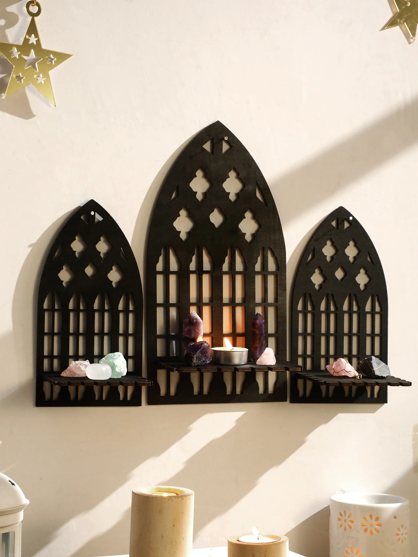 3-teiliges gotisches hohles Wanddekor aus Holz, schwebendes Wandregal im Vintage-Kathedralenbogenrahmen, Gothic-Raumdekoration, rustikale gruselige Dekorgeschenke