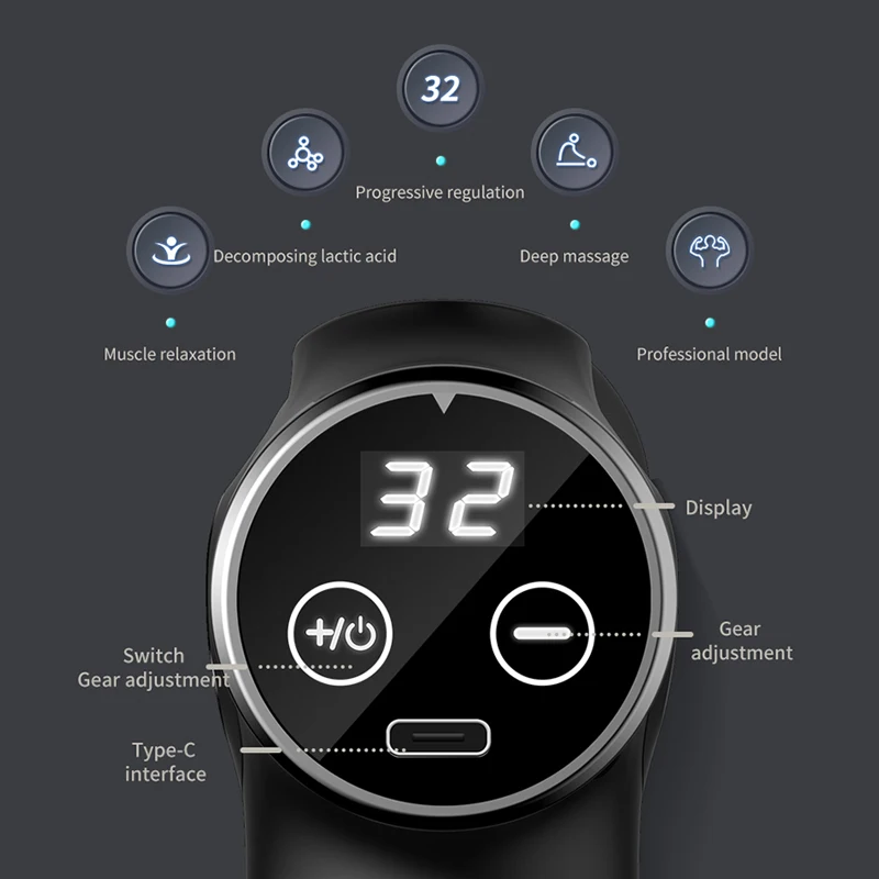 Pistola de massagem elétrica com 32 velocidades, massageador de tecidos profundos, corpo, pescoço, costas, pé, músculo, alívio da dor, exercício, relaxamento, massageadores
