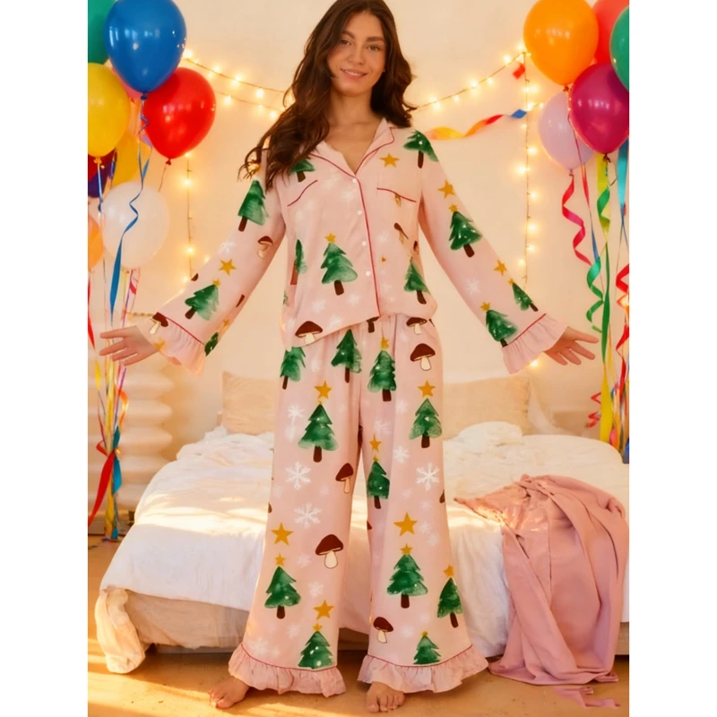 

HEZIOWYUN Women's Christmas Pajama Set Ruffle Cuff Long Sleeve Lapel Mushroom Christmas Tree Print Shirt with Wide Leg Pants