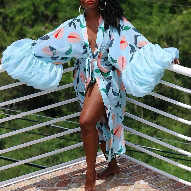 

Sexy Deep V-neck Holiday Long Dress Women's Fashion Pattern Print Loose Cardigan Dress Elegant Puffed Sleeve Draped Party Dress