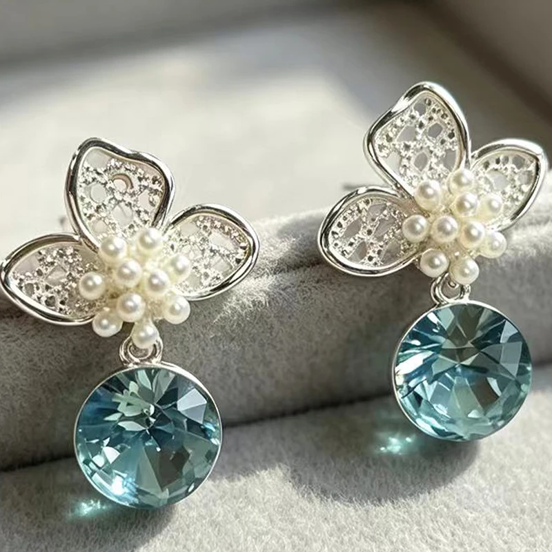 GANPUP Elegante Glänzende Blaue Zirkonia-Blumen-Ohrhänger für Damen, Trendige Neue Ohrstecker, Piercing-Schmuck, Geschenk für Partys – Detail 3