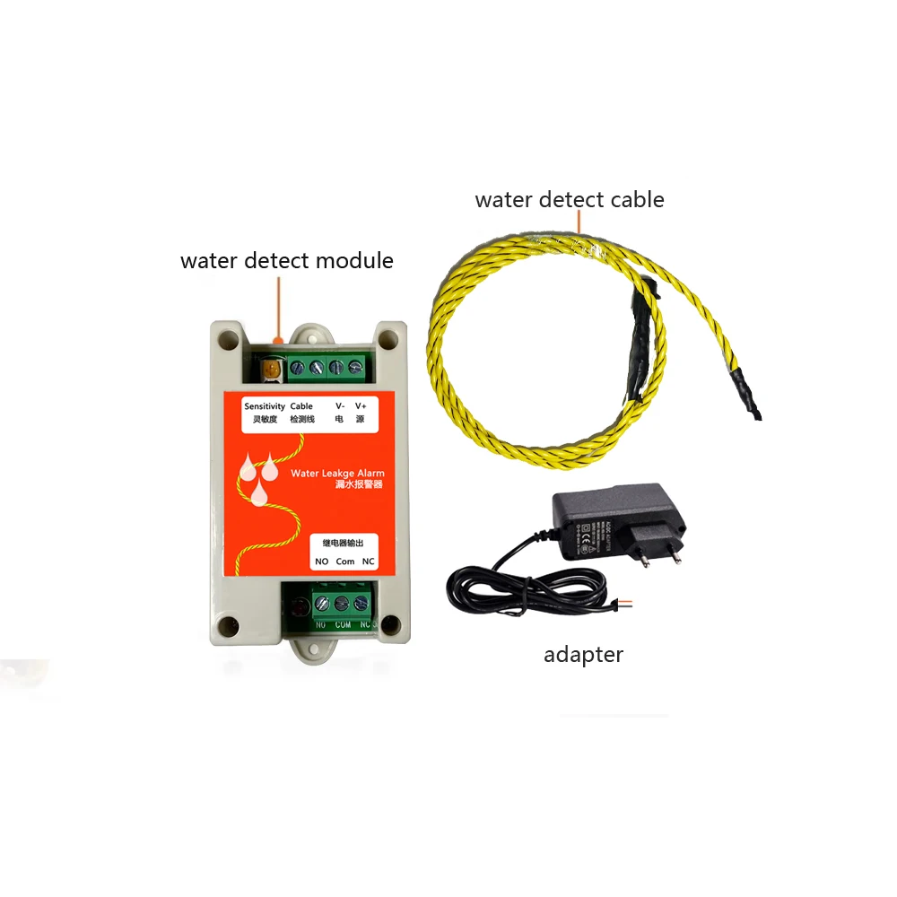 1 Juego de Detector de fugas de agua con Cable de detección de líquido Sensor de alarma de fugas de agua NC/sin salida de relé para detección de fugas de almacén
