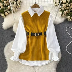 Women Outfits Loose Shirt Turndown Collar Long Sleeve Top Sashes Slit Knit Vest Two Piece Set Female Blouse 2024 Casual Suit